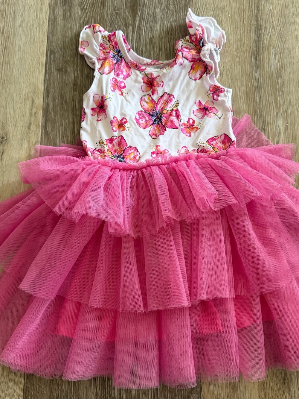 Girls Pink Floral Flutter Sleeve Tutu Dress